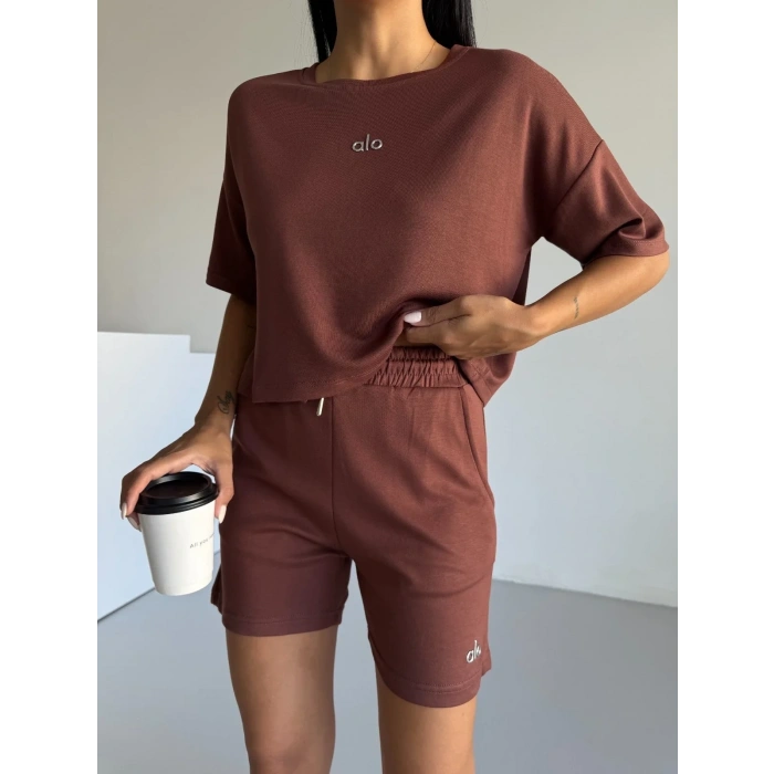 Kahve Alo Yoga Modal Crop Şortlu Takım