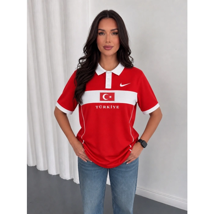 Kırmızı Türkiye Polo Yaka Unisex Oversize Tshirt
