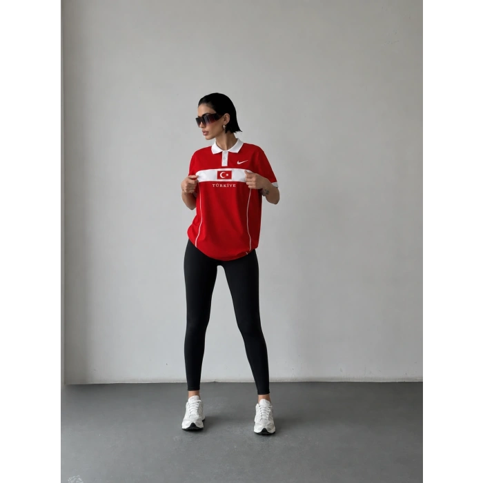 Kırmızı Türkiye Polo Yaka Unisex Oversize Tshirt