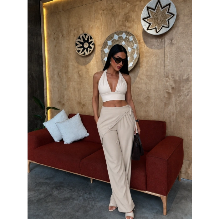 Krem Tensel Kumaş Pul Detaylı Palazzo Pantolon