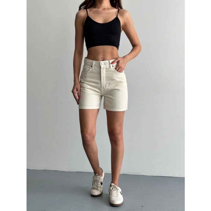 Krem Yüksek Bel Premium Denim Bermuda Şort