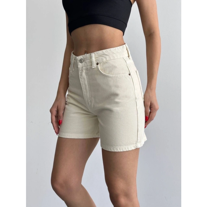 Krem Yüksek Bel Premium Denim Bermuda Şort