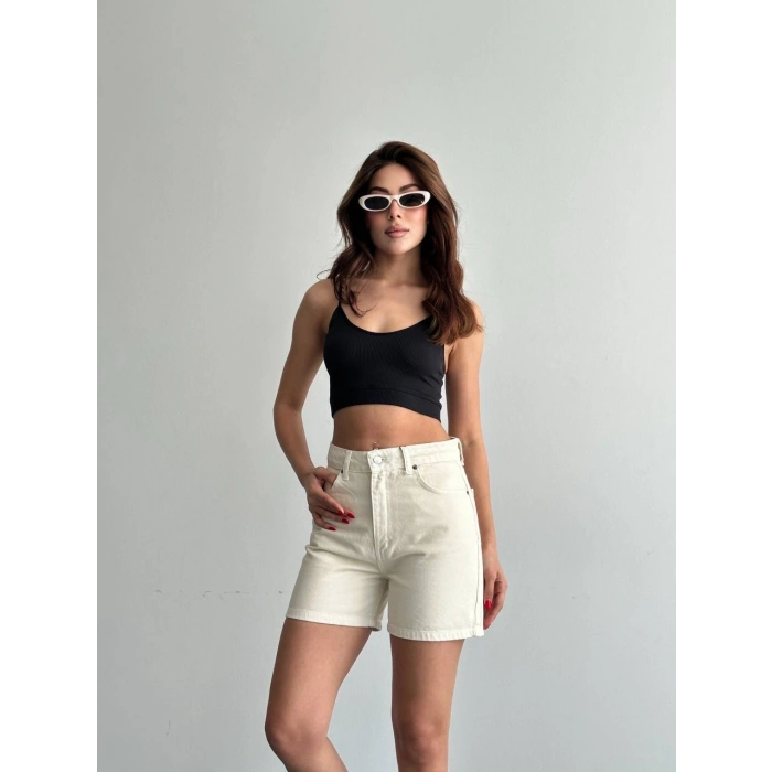 Krem Yüksek Bel Premium Denim Bermuda Şort