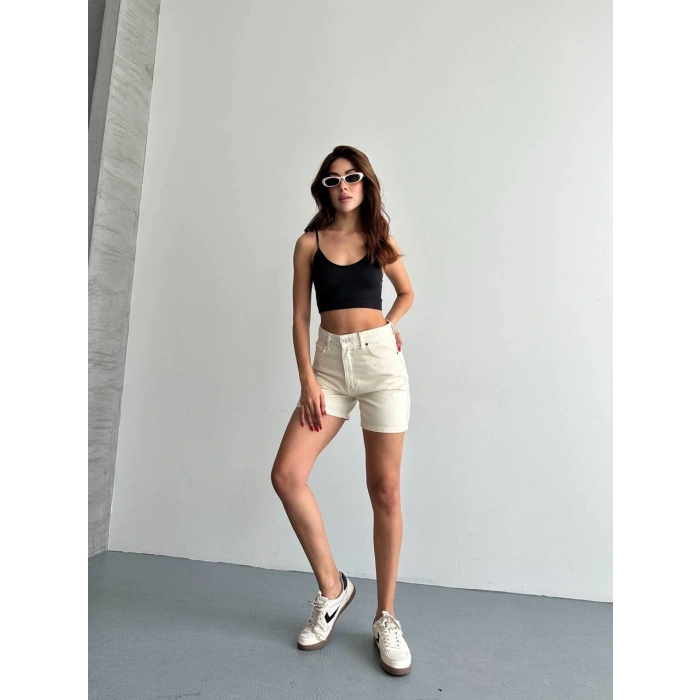Krem Yüksek Bel Premium Denim Bermuda Şort