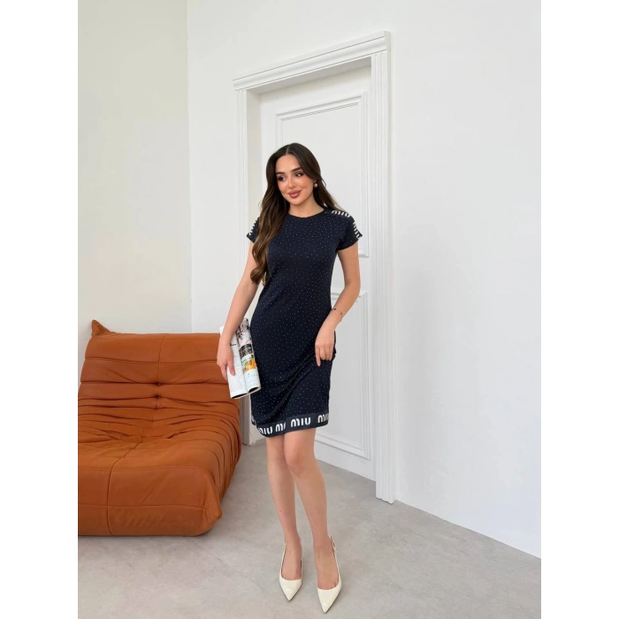 Lacivert Miu Miu Taşlı Elbise
