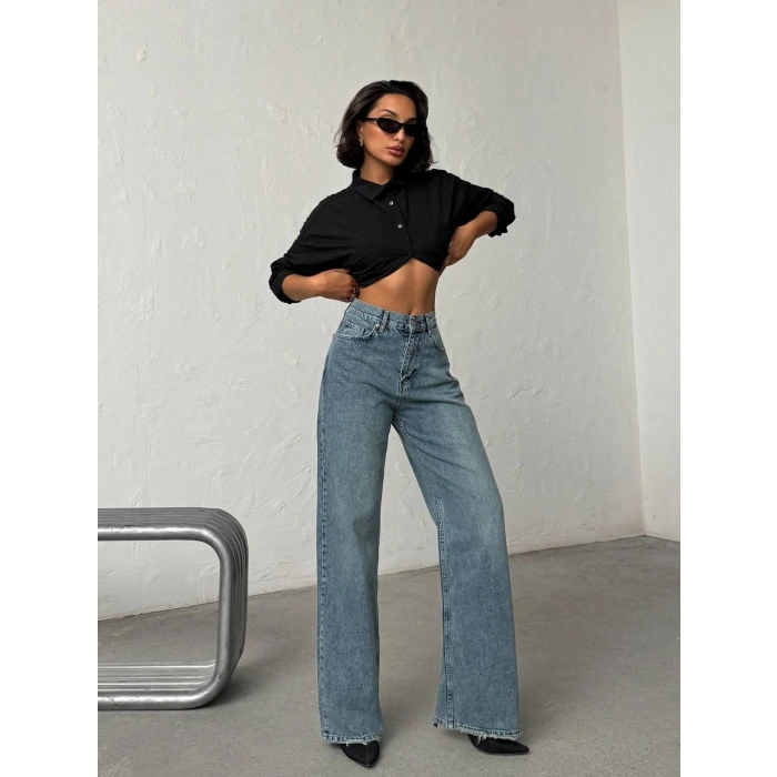 Mavi Wide Leg Yüksek Bel Jean Pantolon