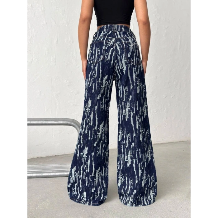 Mavi Yıkamalı Desenli Wide Leg Jean Pantolon