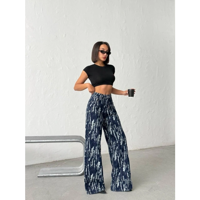 Mavi Yıkamalı Desenli Wide Leg Jean Pantolon