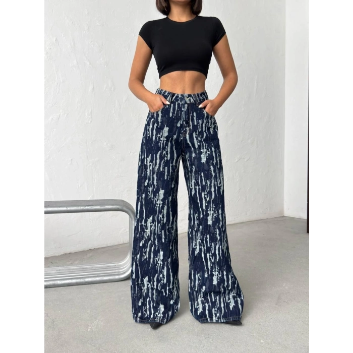 Mavi Yıkamalı Desenli Wide Leg Jean Pantolon