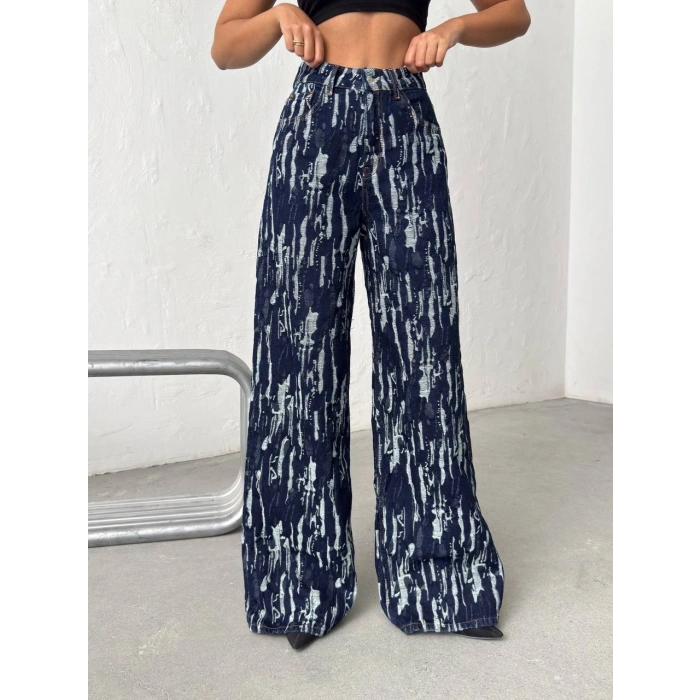 Mavi Yıkamalı Desenli Wide Leg Jean Pantolon