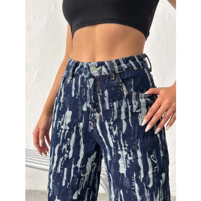 Mavi Yıkamalı Desenli Wide Leg Jean Pantolon
