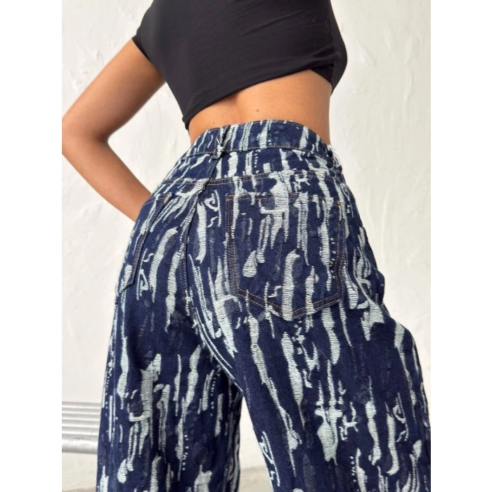Mavi Yıkamalı Desenli Wide Leg Jean Pantolon