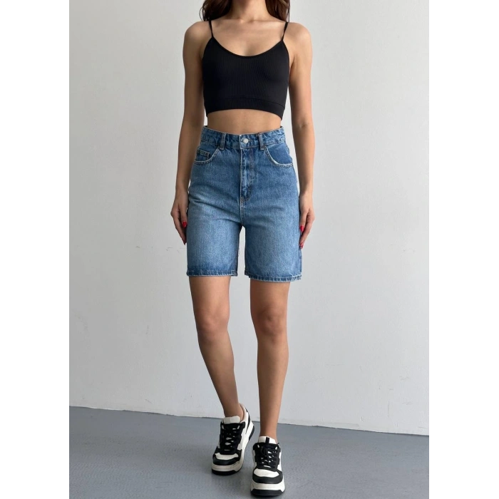 Mavi Yüksek Bel Premium Denim Bermuda Şort