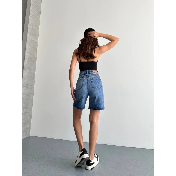 Mavi Yüksek Bel Premium Denim Bermuda Şort
