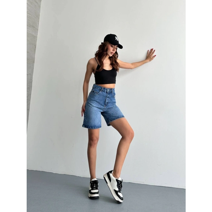 Mavi Yüksek Bel Premium Denim Bermuda Şort