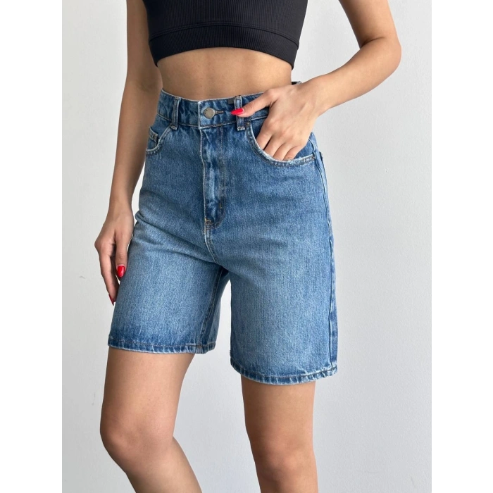 Mavi Yüksek Bel Premium Denim Bermuda Şort