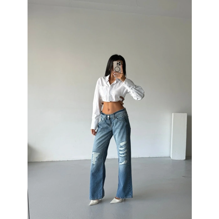 Mavi Zr Yırtık Baggy Jean Pantolon