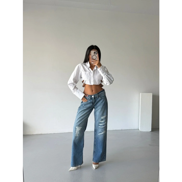 Mavi Zr Yırtık Baggy Jean Pantolon