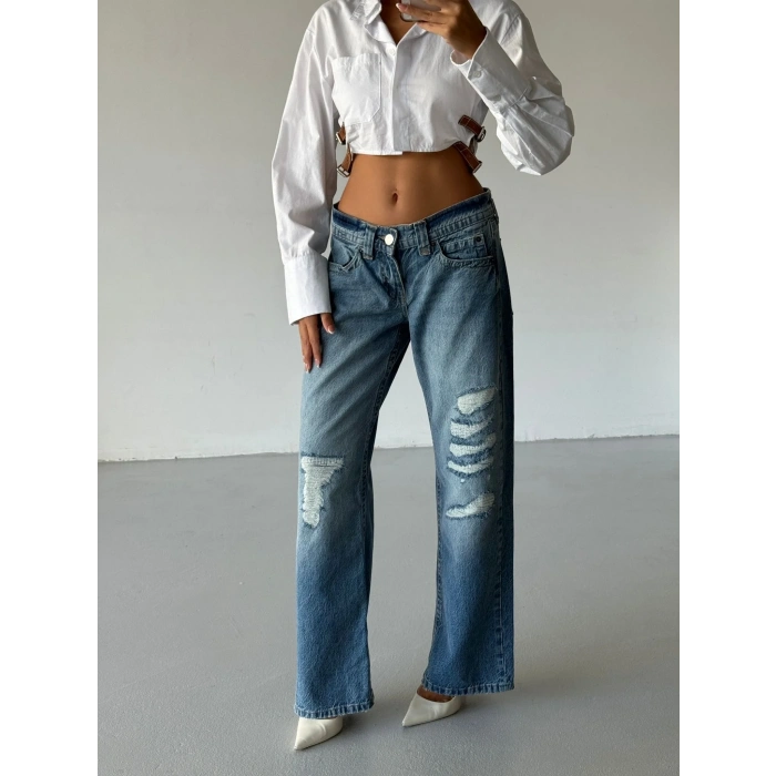 Mavi Zr Yırtık Baggy Jean Pantolon