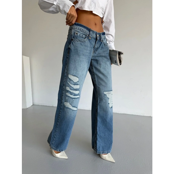Mavi Zr Yırtık Baggy Jean Pantolon