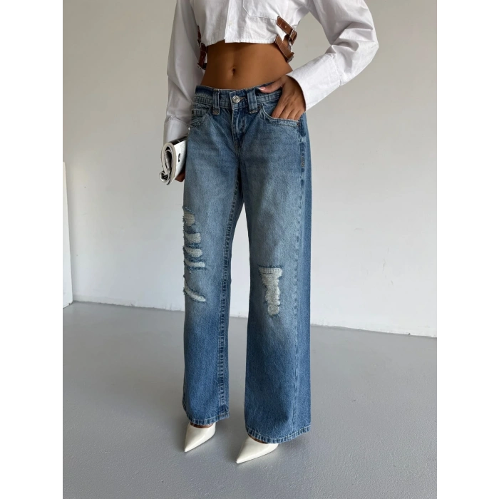 Mavi Zr Yırtık Baggy Jean Pantolon