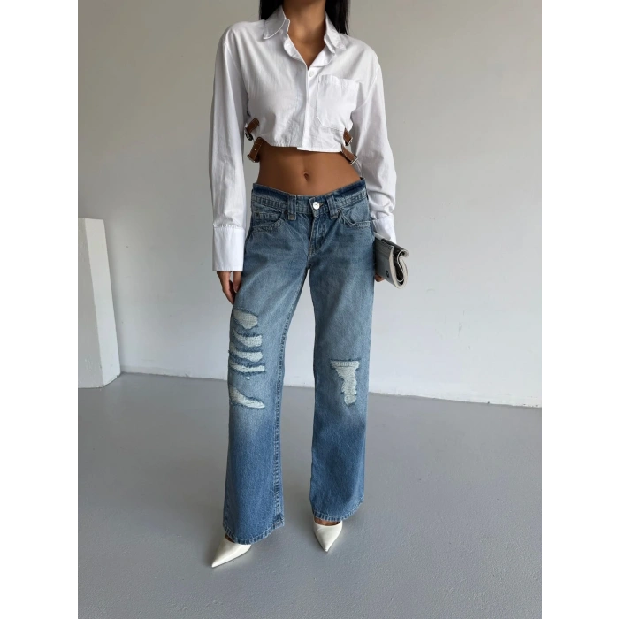 Mavi Zr Yırtık Baggy Jean Pantolon