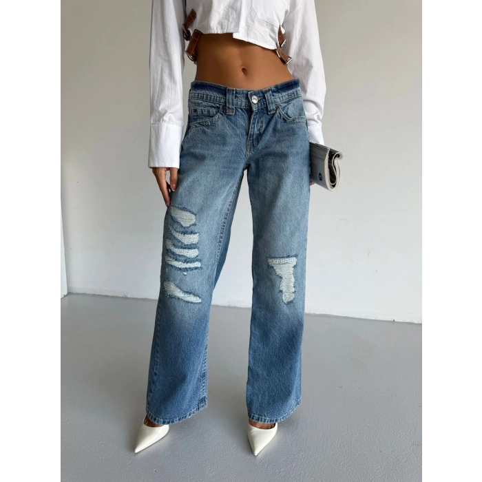 Mavi Zr Yırtık Baggy Jean Pantolon