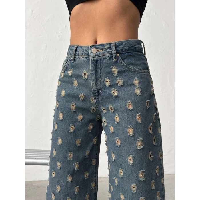Mikro Yırtık Desenli İndigo Geniş Paça Kot Pantolon
