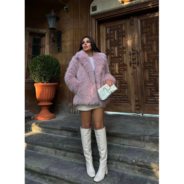 Pembe Ceket Yaka İthal Kürk