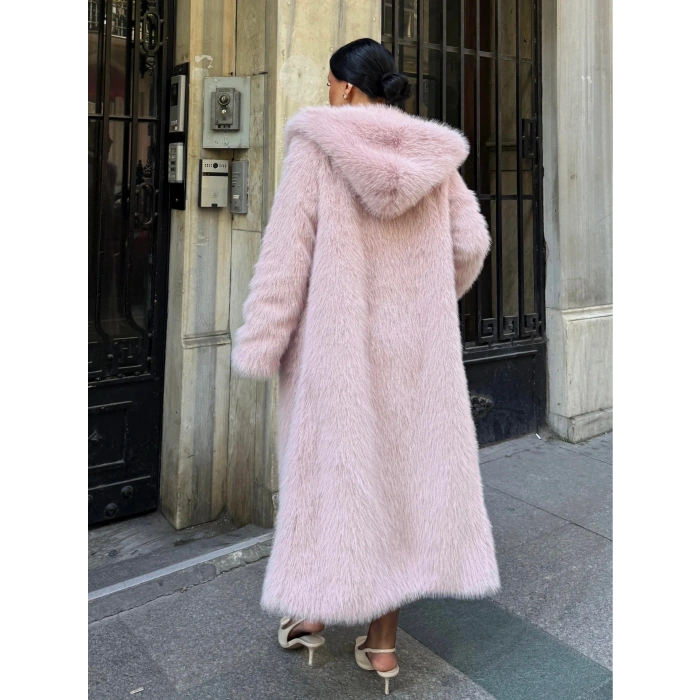 Pembe Kapşonlu Uzun İthal Kürk