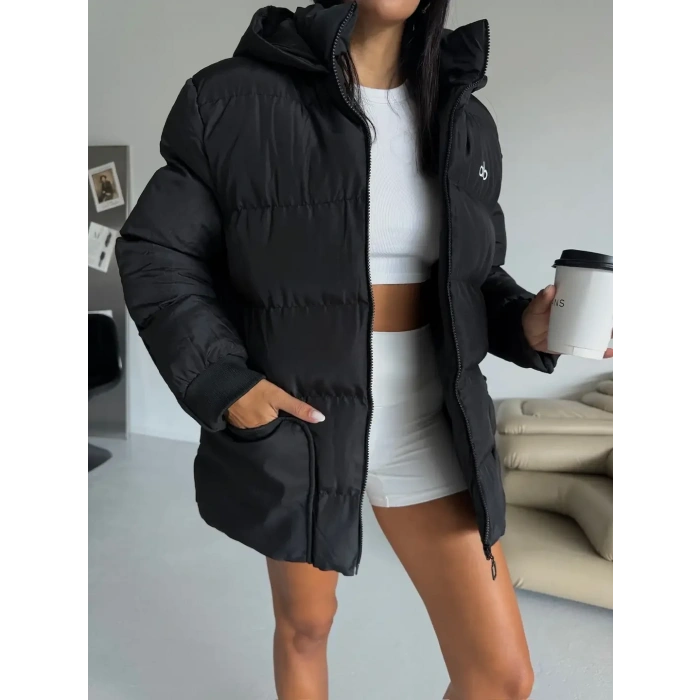 Siyah Alo Oversize Kapşonlu Şişme Mont
