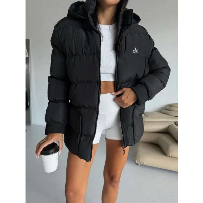 Siyah Alo Oversize Kapşonlu Şişme Mont