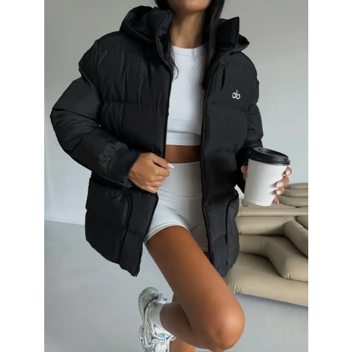 Siyah Alo Oversize Kapşonlu Şişme Mont