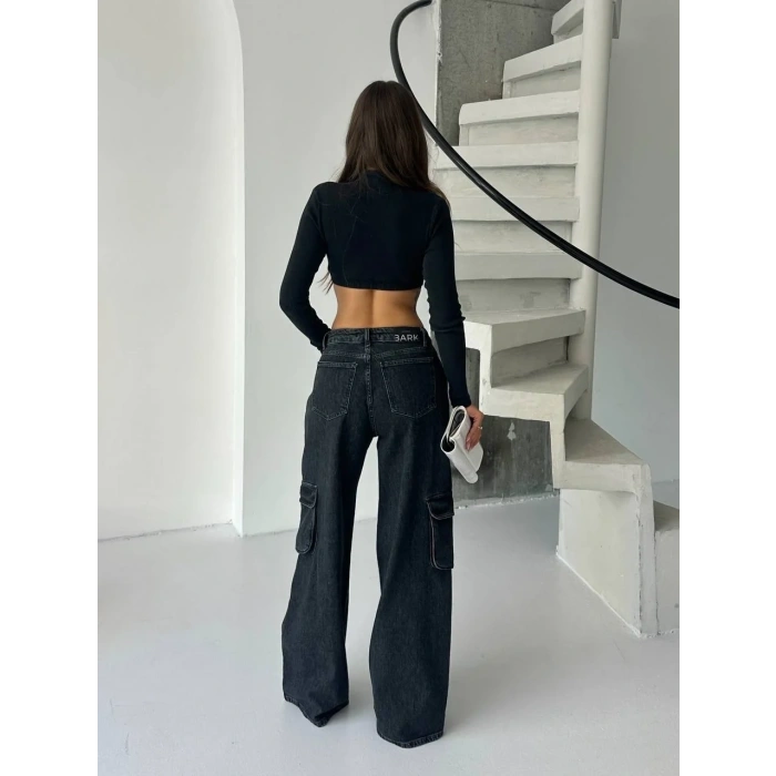 Siyah Kargo Cep Oversize Kot Pantolon