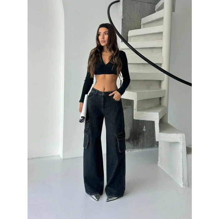 Siyah Kargo Cep Oversize Kot Pantolon