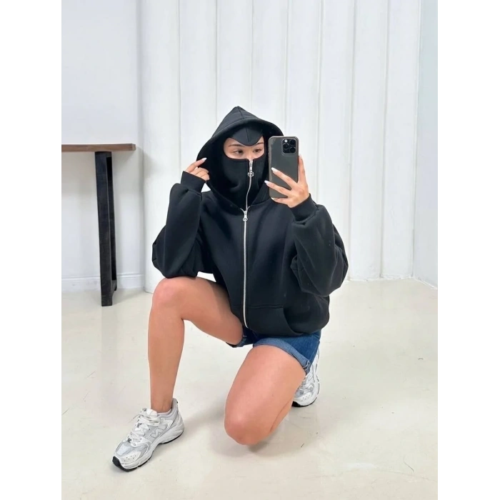 Siyah Musk Üç İplik Oversize Kapşonlu Sweat