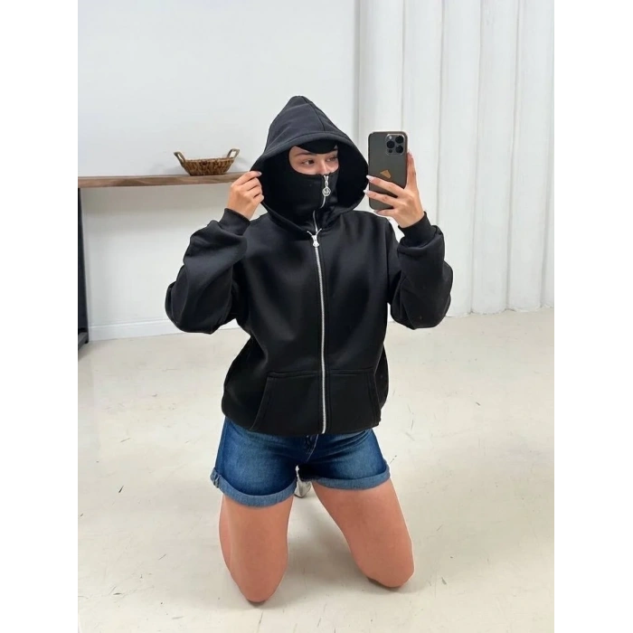 Siyah Musk Üç İplik Oversize Kapşonlu Sweat