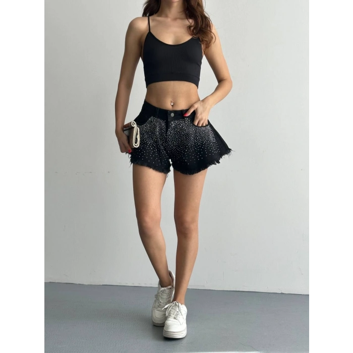 Siyah Taş Detaylı Püsküllü Paça Denim Mini Şort