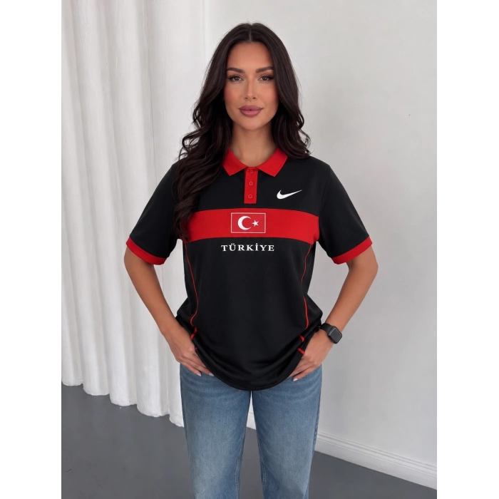 Siyah Türkiye Polo Yaka Unisex Oversize Tshirt