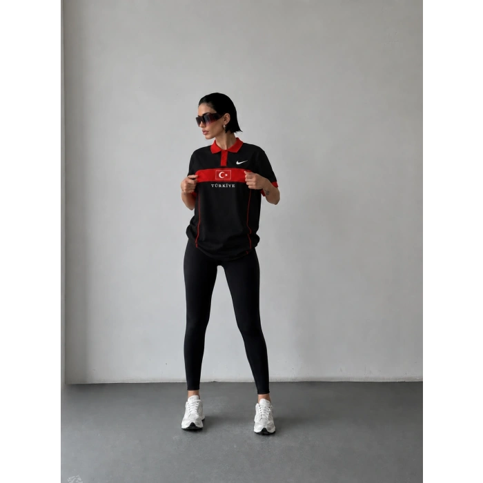 Siyah Türkiye Polo Yaka Unisex Oversize Tshirt