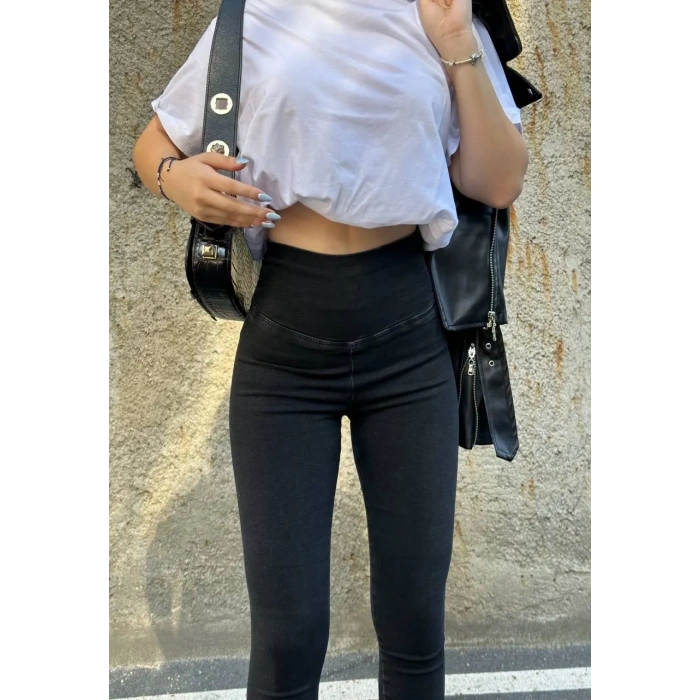 Siyah Yüksek Bel En Boy Likralı Kot Tayt
