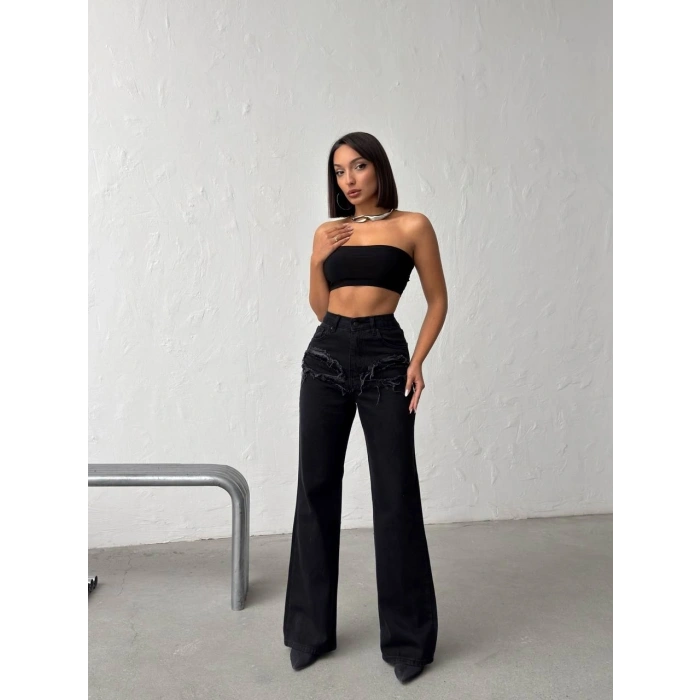 Siyah Yüksek Bel Katmanlı Tasarım Denim Pantolon