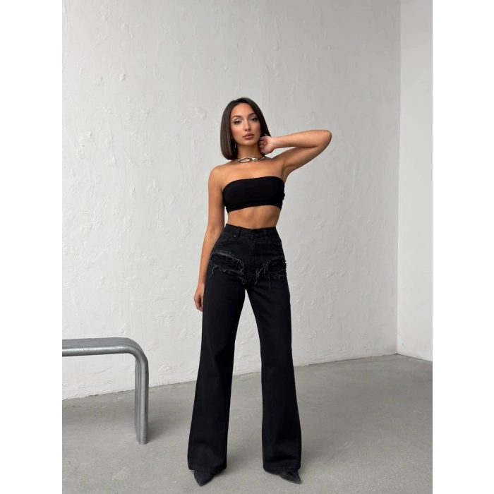 Siyah Yüksek Bel Katmanlı Tasarım Denim Pantolon