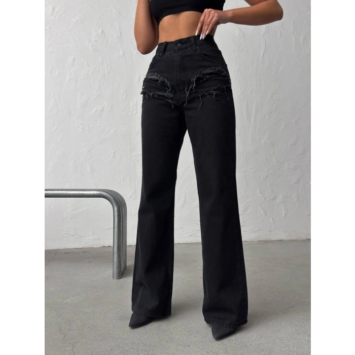Siyah Yüksek Bel Katmanlı Tasarım Denim Pantolon