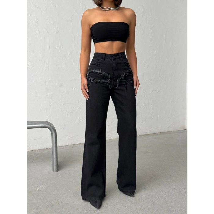 Siyah Yüksek Bel Katmanlı Tasarım Denim Pantolon