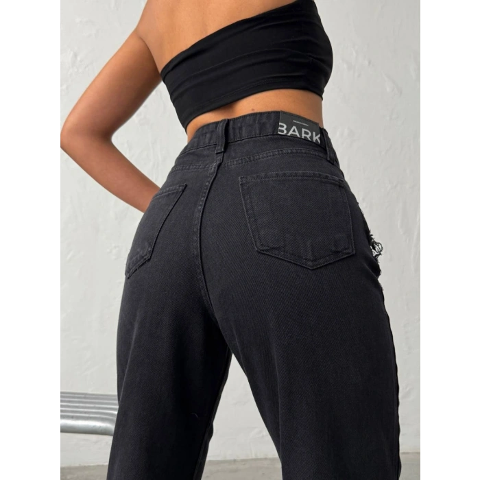 Siyah Yüksek Bel Katmanlı Tasarım Denim Pantolon