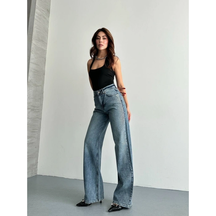 Taş Detaylı Yüksek Bel Wide Leg Jean Pantolon