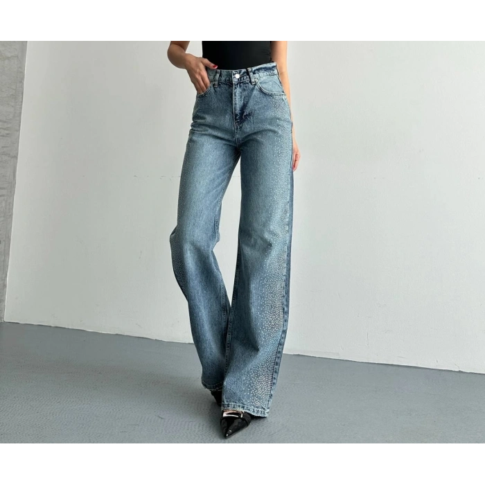 Taş Detaylı Yüksek Bel Wide Leg Jean Pantolon