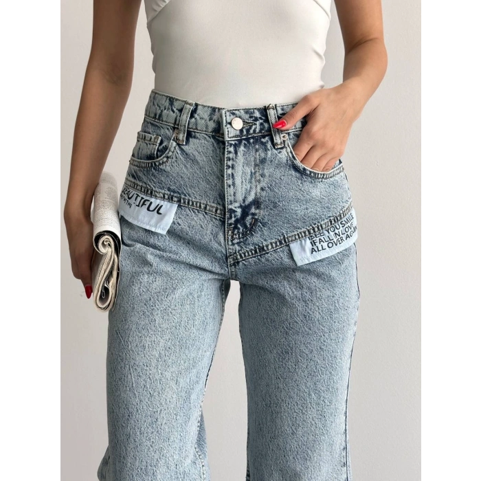 Yazı Detaylı Wide Leg Jean Pantolon