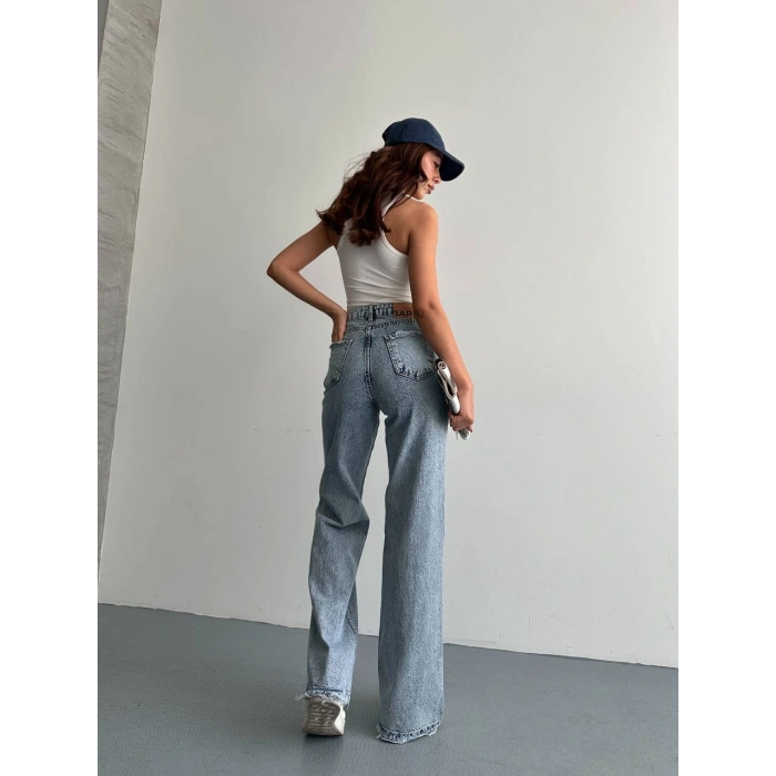 Yazı Detaylı Wide Leg Jean Pantolon